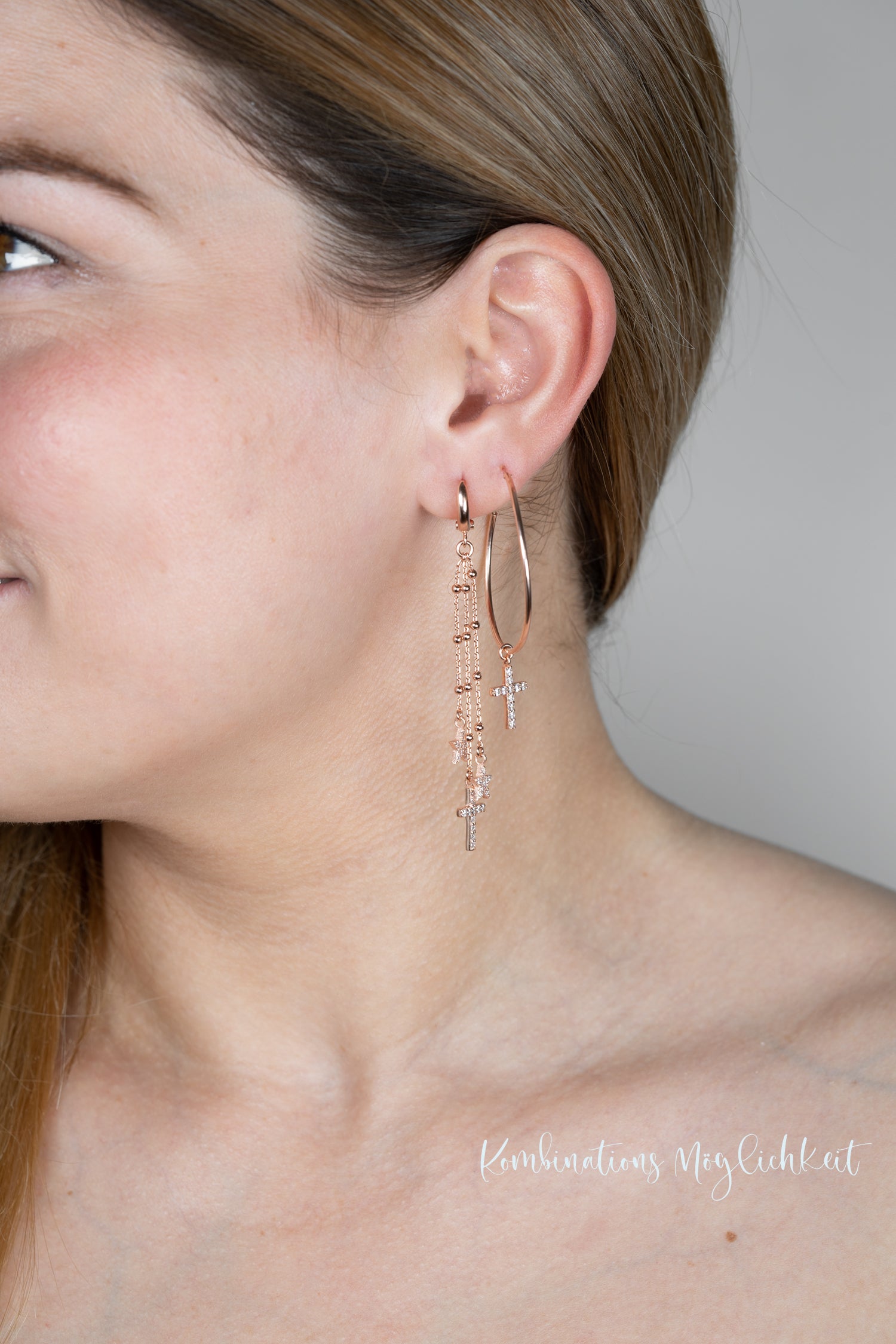 Single Creole SHINING STARS AND CROSS roségold