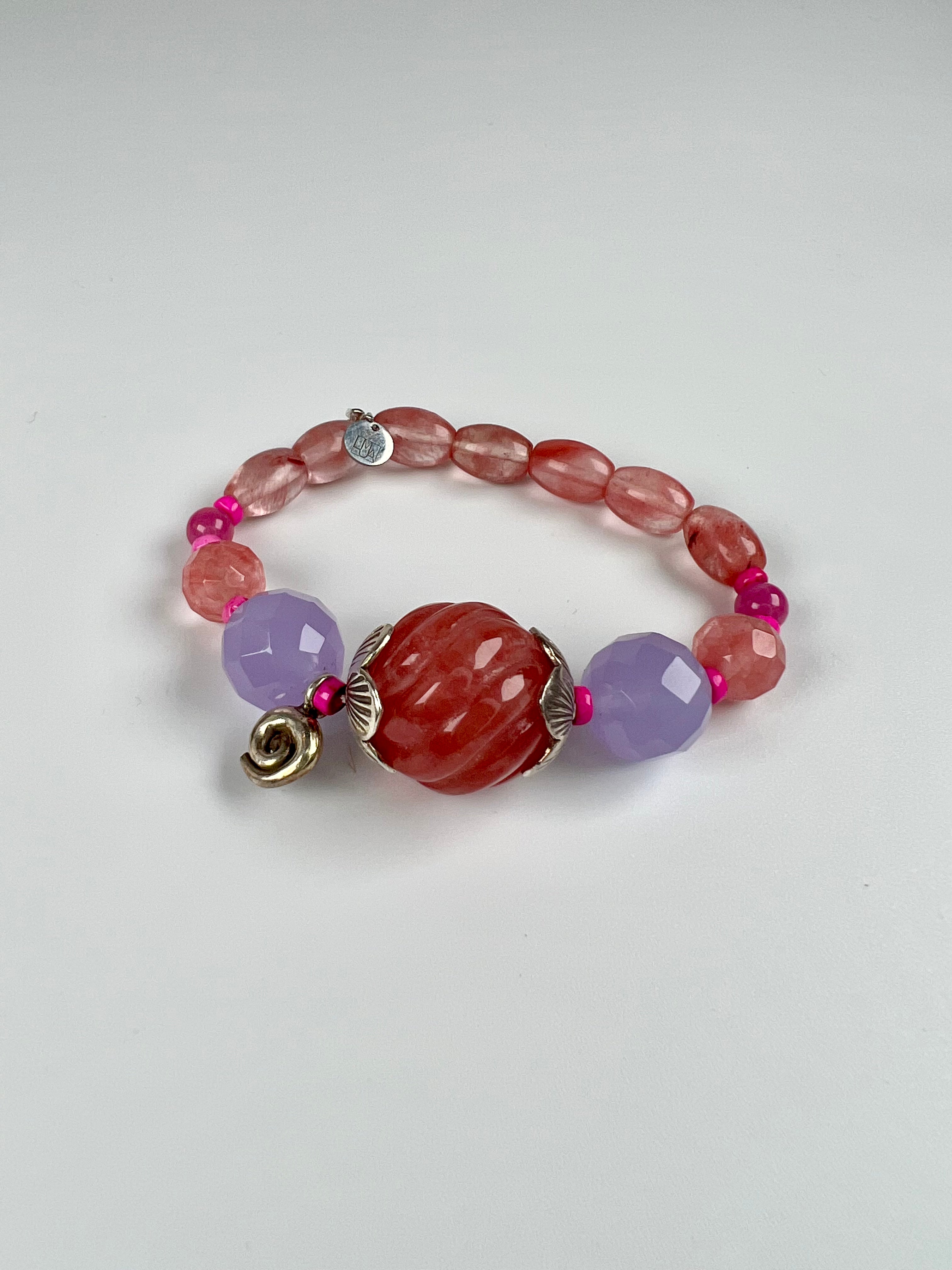 Armband aus rosa Morganit, pinke Koralle und lila Kunzit mit Silberelementen